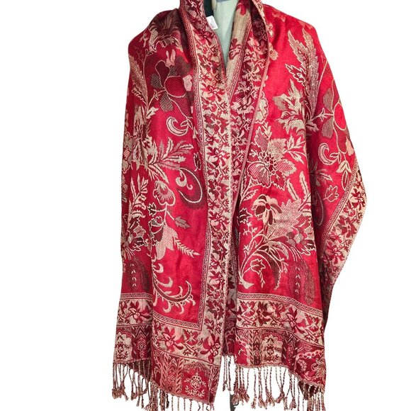 Woman's red/brick red cottagecore autumn floral reversable fringe shawl wrap OS - Picture 1 of 9